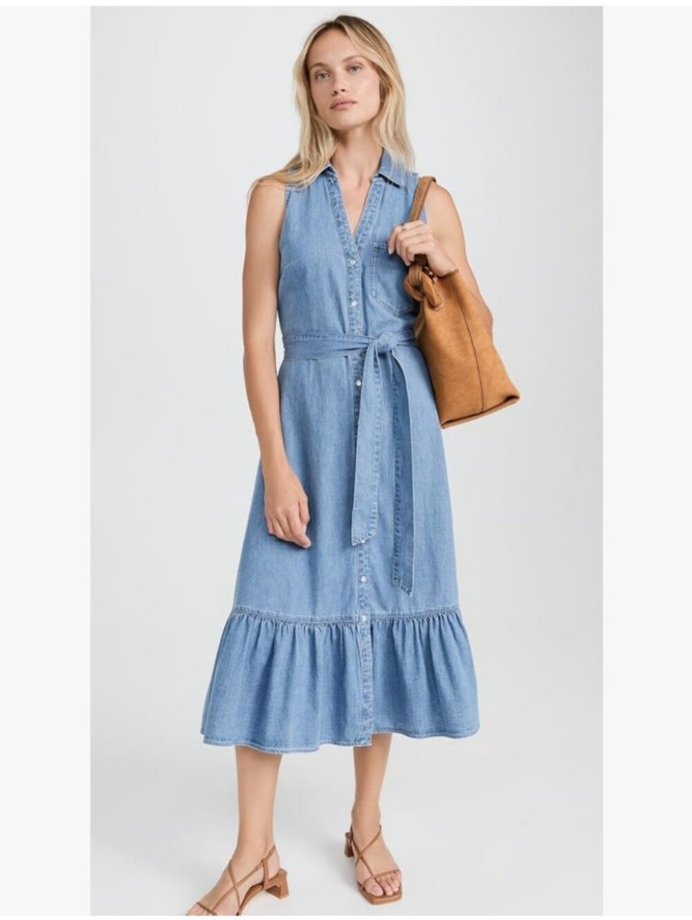 Sleeveless Light Blue Denim Button-Front Midi Dress with Tie Waist
